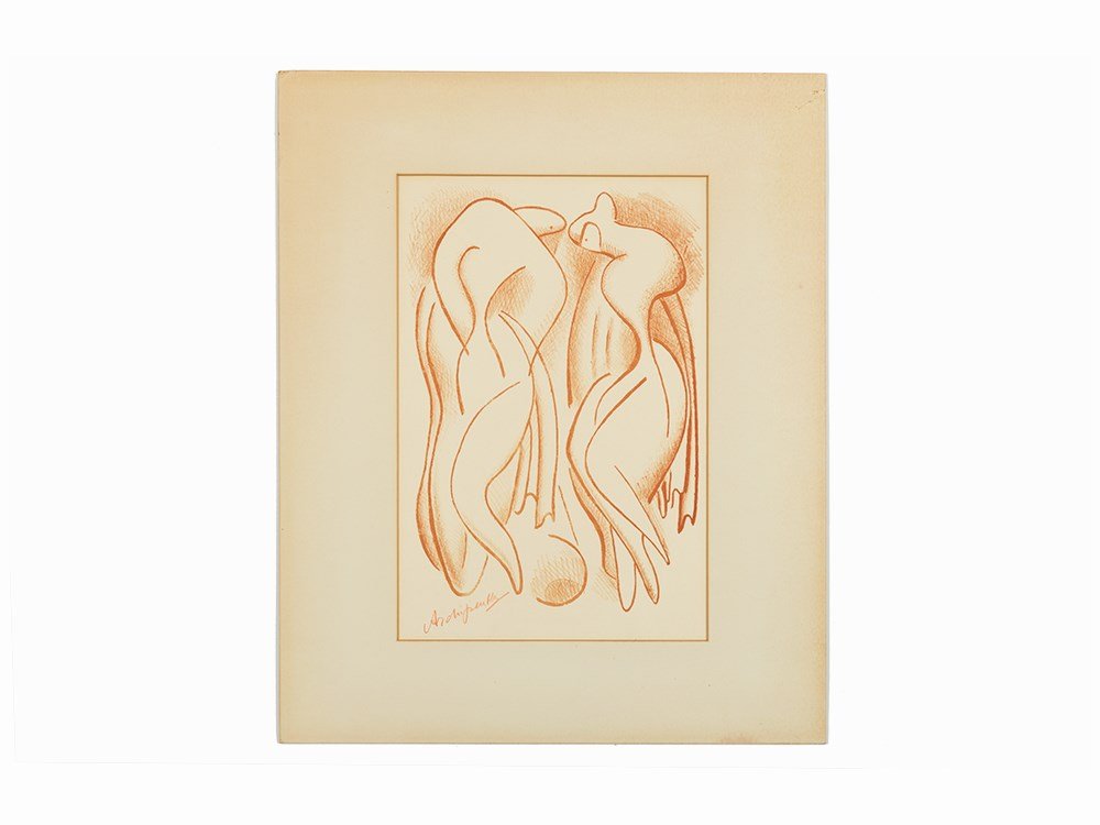 Alexander Archipenko, "Bathers," Lithograph, 1950: Lithograph printed in sanguine on wove paper Ukraine, 1950 Alexander Archipenko (1887-1964) – Cubist painter, sculptor and printmaker Signed in red crayon lower left ‘Archipenko’ From an edition