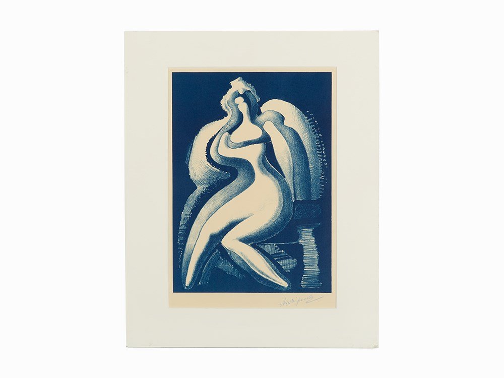 Alexander Archipenko, "Coquette," Lithograph, 1950: Lithograph printed in blue on cream wove paper Ukraine, 1950 Alexander Archipenko (1887-1964) – Cubist painter, sculptor and printmaker ‘Coquette’ Signed in blue crayon lower right ‘Archipenko