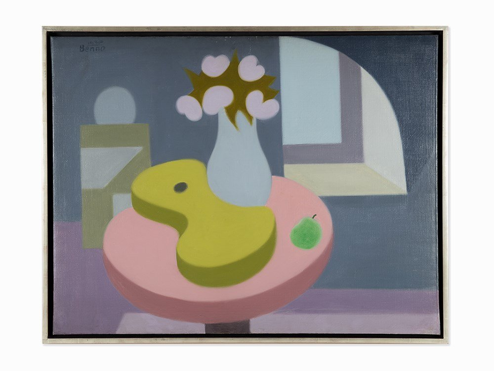 Benjamin Benno, “Still Life with Vase Flowers and: Oil on canvas USA, 1935 Benjamin Benno (1901-1980) – American Modernist artist Signed and dated "Benno 1935" upper left Also signed and dated on the reverse Dimensions: 31 1/4 x 40 3/4 in. (79.4 x 1
