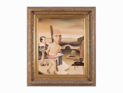 Stuart McAlpine Miller, "Strange Coincidence of...,": “Strange Coincidence of Two Stemmed Unfortunates” Oil on artist board Stuart McAlpine Miller (20th c.) Pop art inspired Scottish painter Signed "Stuart McAlpine Miller." lower right Surrealist sty