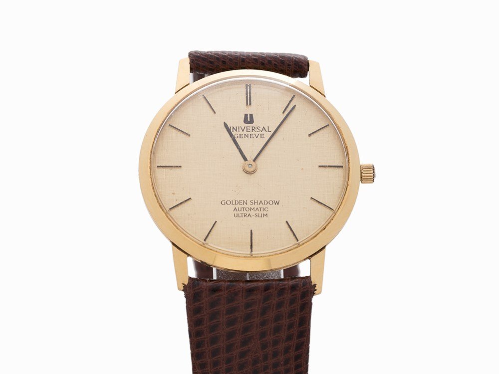 Universal Geneve Golden Shadow, Switzerland, c.1965: Universal Geneve Golden Shadow Switzerland, circa 1965 Automatic movement, caliber 2-66, 25 jewels; hours, minutes Gold textured dial with applied black Baton hour-markers; Black Baton hands 18kt Yell
