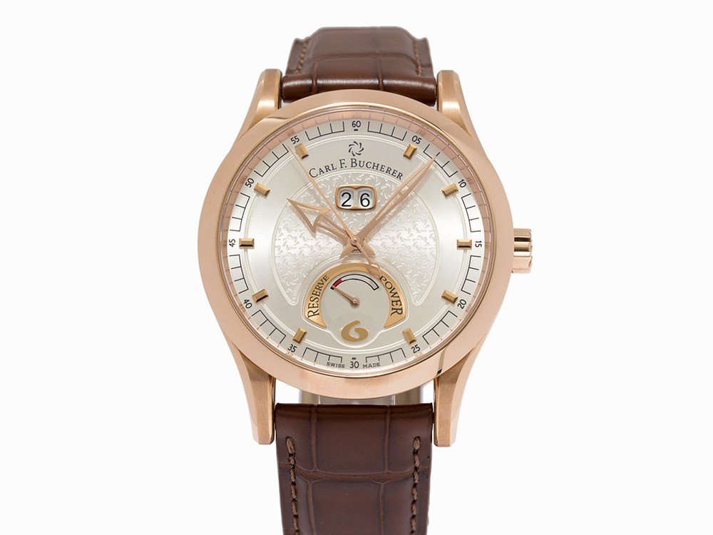 Carl F. Bucherer Manero Power Reserve, Ref. 00.10905,: Carl F. Bucherer Manero Big Date Power Reserve, Ref. 00.10905.03.16.01 Switzerland, circa 2014 Automatic movement, caliber CFB 1964, 28 jewels; hours, minutes, seconds, date, power reserve Metallic Si