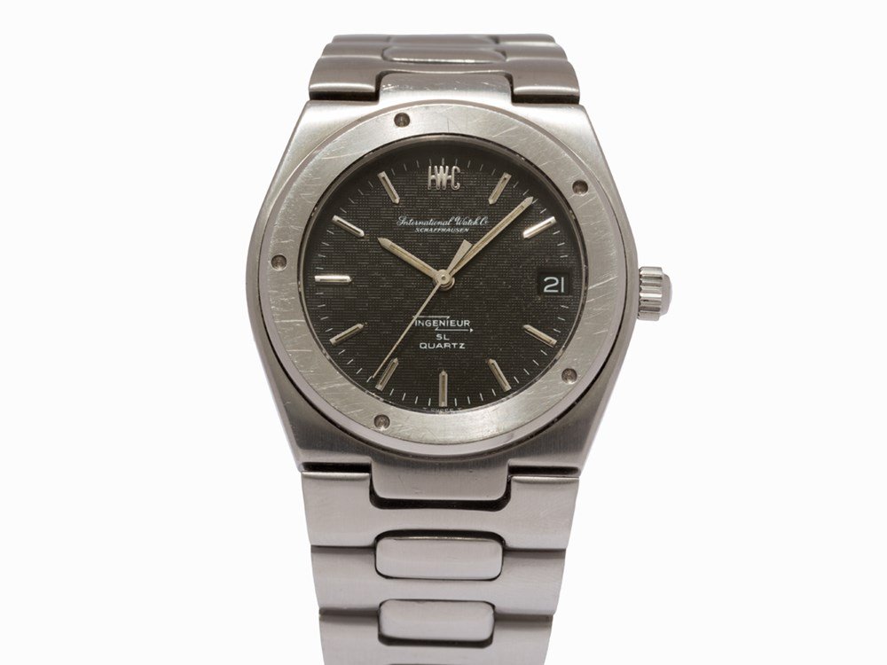 IWC Ingenieur SL "Jumbo", Ref. 3003, Switzerland,: IWC Ingenieur SL "Jumbo", Ref. 3003 Switzerland, circa 1978 Quartz Movement, caliber 2405, 7 jewels, No. 2216487; hours, minutes, seconds, date Black waffle-pattern dial with applied silver luminous B