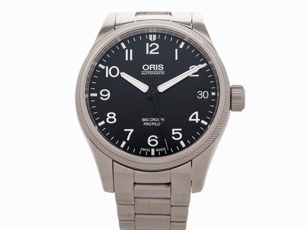 Oris Big Crown Pro Pilot, Ref. 751-7697-4164MB, c.2015: Oris Big Crown Pro Pilot, Ref. 751-7697-4164MB Switzerland, circa 2015 Automatic movement, caliber 751, 26 jewels; hours, minutes, seconds, date Black dial with printed white luminous Arabic numeral h