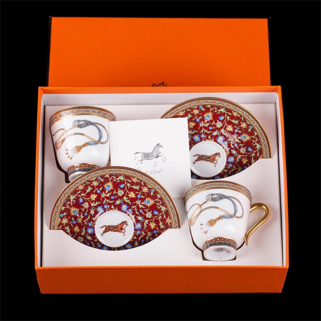 Hermès "Cheval d'Orient" porcelain tete-a-tete coffee: Hermès "Cheval d'Orient" porcelain tete-a-tete coffee set. New in the box.