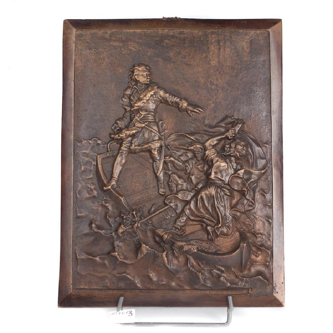 Bronze plaque Peter the Great during the Ladozh Lake: Russian bronze plaque â€œPeter the Great during the Ladozh Lake Stormâ€. Plaque based on the Karl Steiberg painting. Made for the 200 year birthday celebration of Peter the Great. Ural, circa 1