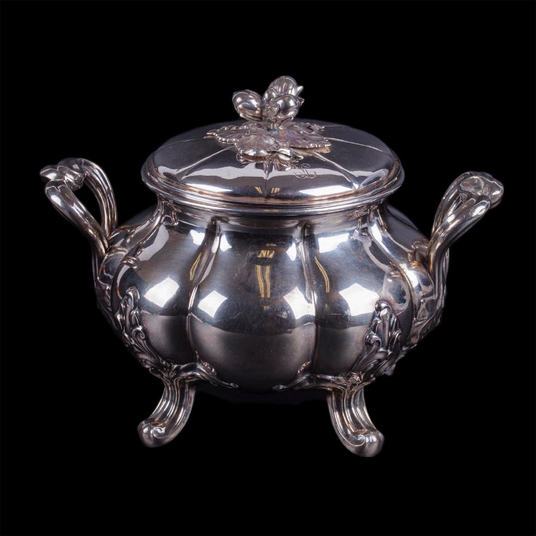 Elegant French silver sugar bowl. Marked Alphonse: Elegant French silver sugar bowl. Maker's mark of Alphonse Debain, Paris, France, 1911-1916. Dimensions: 14 x 19 x 15 cm. Weight:417 g.