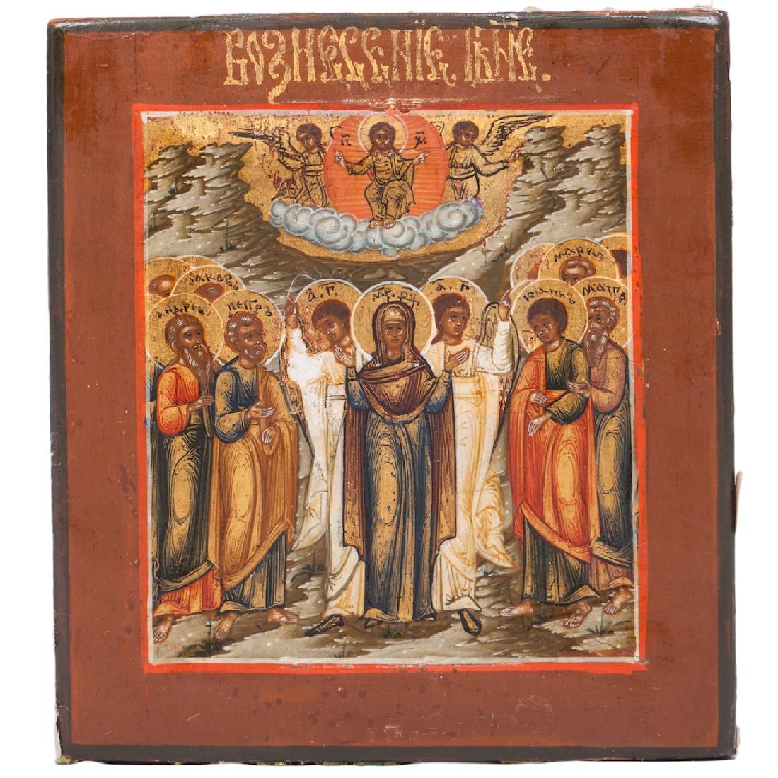 Miniature icon of Mother of God Ascension, Mstera: Russian miniature icon of Mother of God Ascension. Wood, tempera painting. Mstera, second half of the 19th century. Dimensions: 10.2 x 9.3 cm.