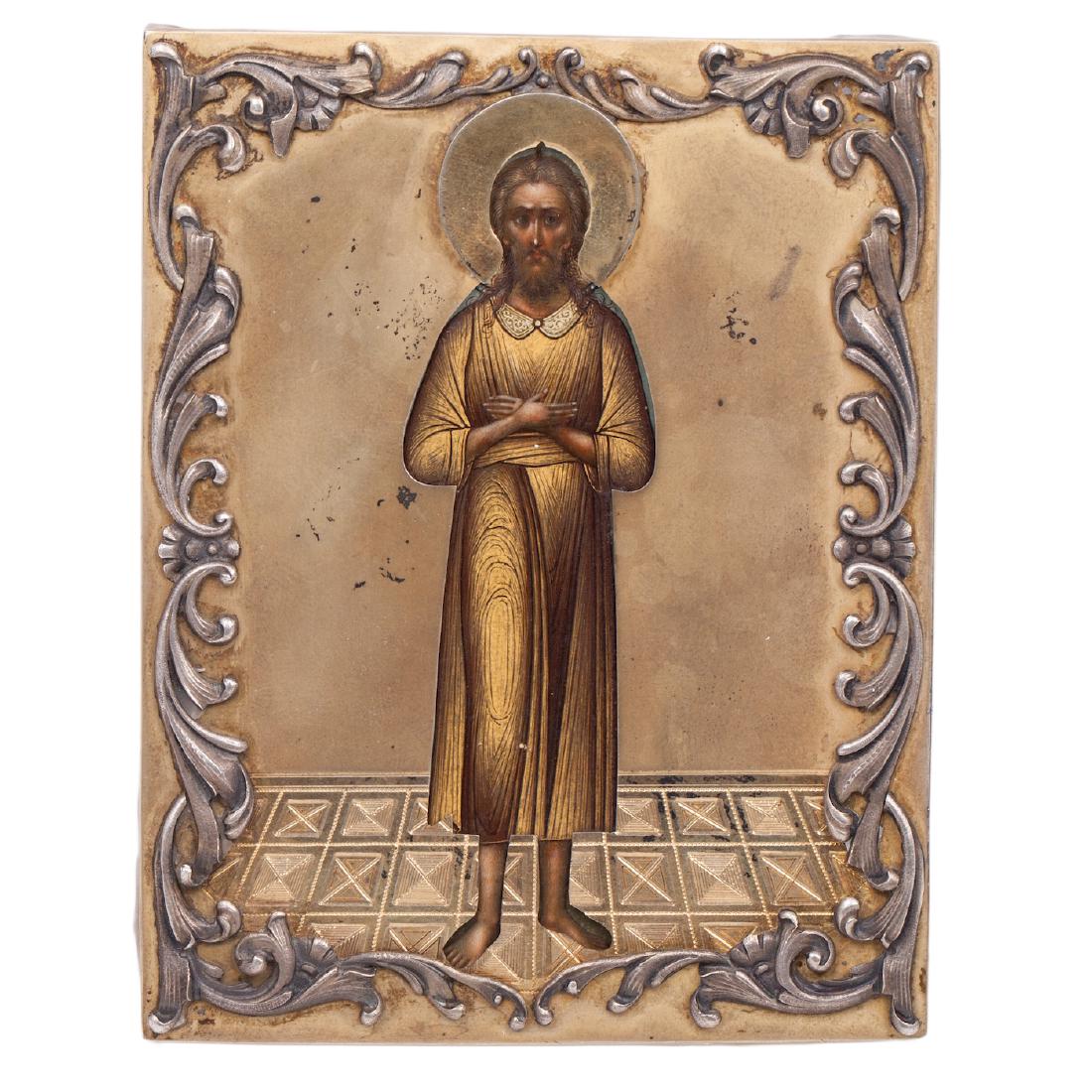Faberge presentation icon of Saint Alexiy: Rare Russian presentation icon of Saint Alexiy man of God in riza. Icon - wood, tempera in V. Guryanov works manner. Riza - parcel-gilt silver. Maker's mark of Imperial Court supplier K. Faberge. Mosc