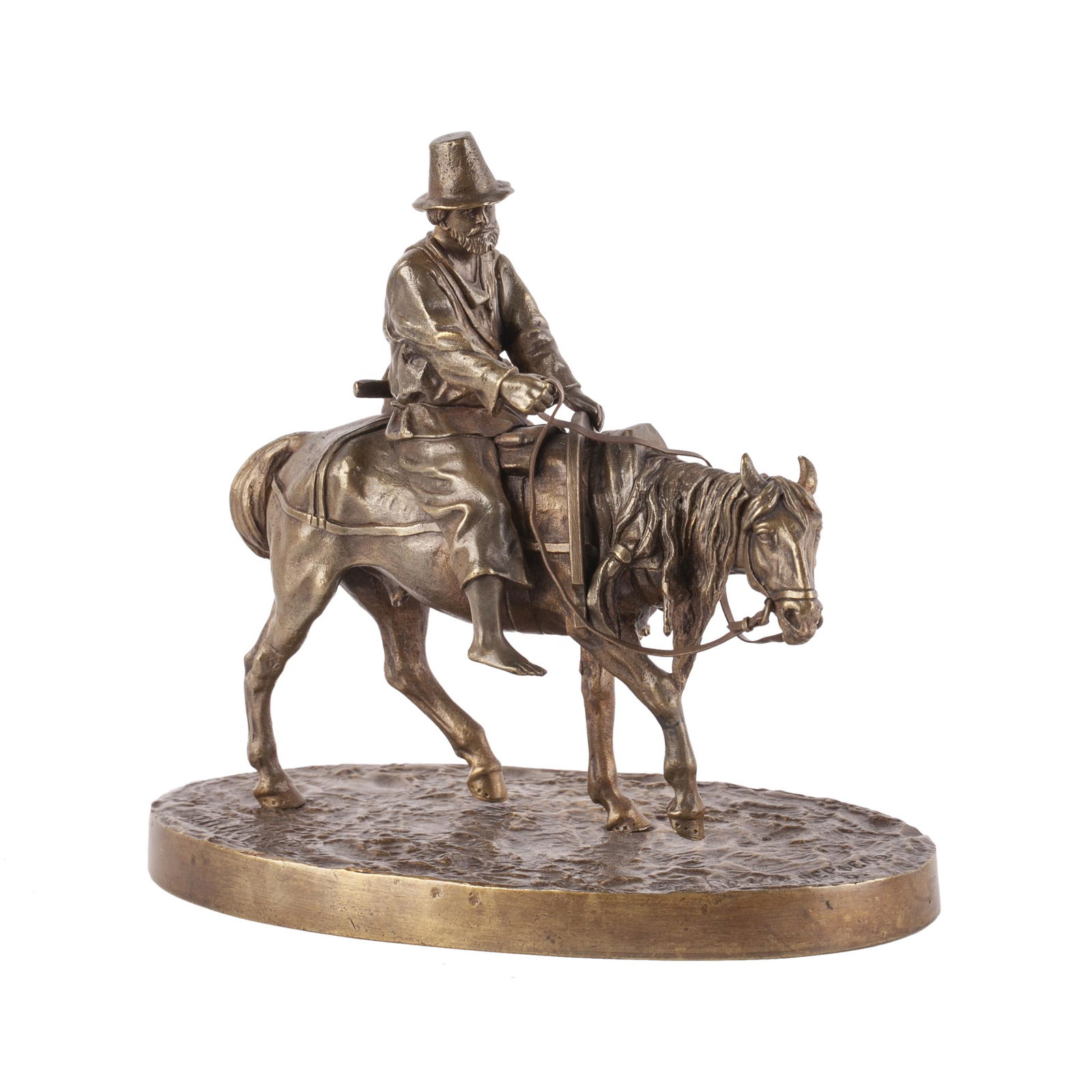 A Russian bronze composition "Russian peasant on a: A Russian bronze composition "Russian peasant on a horse". Author V. Grachev. Foundry mark of K.F. Woerfel. Petersburg, 1890s. Dimensions: 15 x 16.4 x 9.5 cm.