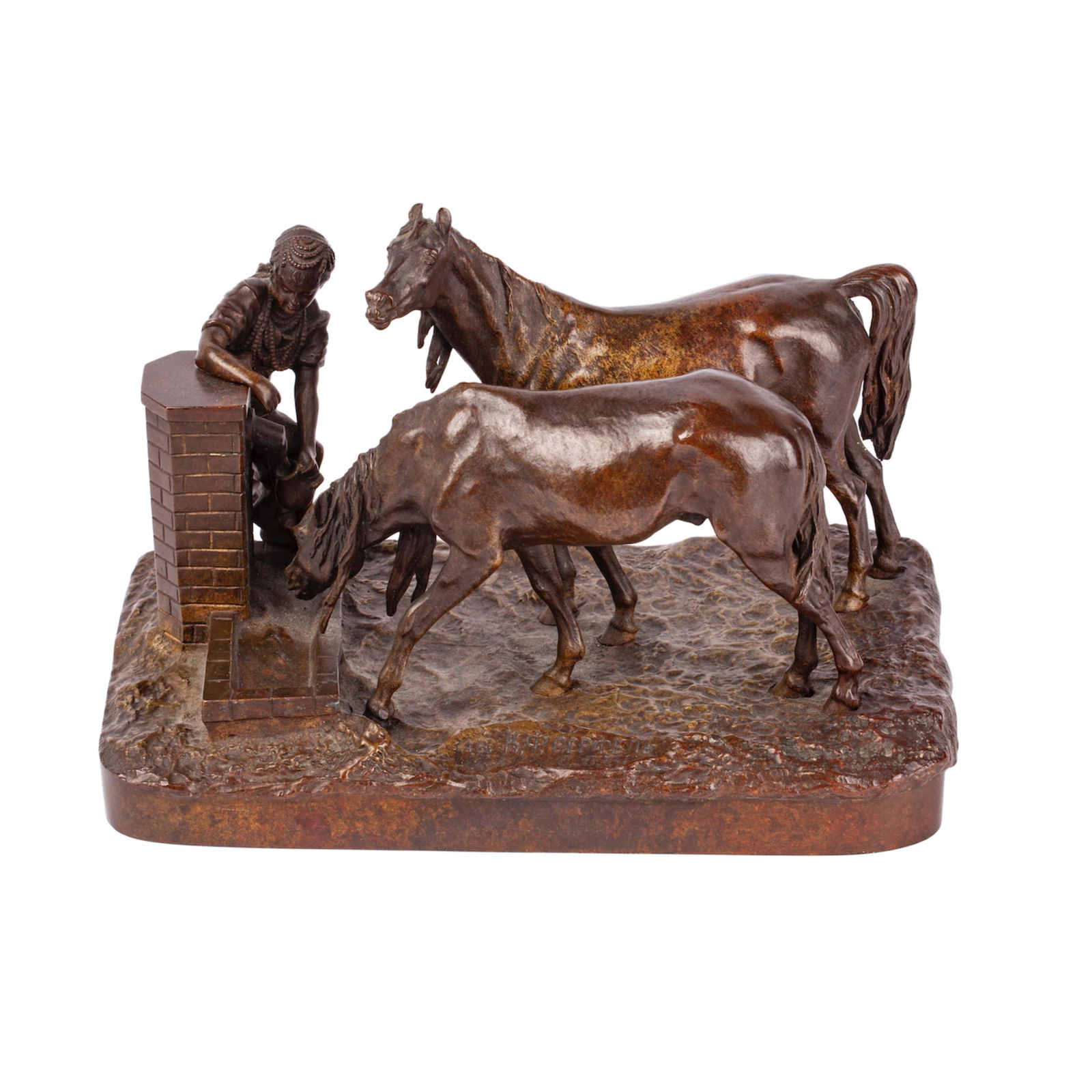 A Russian bronze composition "Behind the well": A Russian bronze composition "Behind the well". Author V. Grachev. Foundry mark of the K.F. Woerfel. Petersburg, 1880s. Dimensions: 16 x 24 x 15 cm.