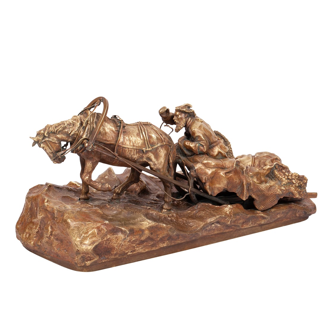 A Russian bronze composition by Vasiliy Grachev: A rare Russian bronze composition by Vasiliy Grachev "Peasants sleigh on the winter road". Cast by C. Woerffel factory. Petersburg, the end of the 19th century. Dimensions: 17 x 33.5 x 17 cm.