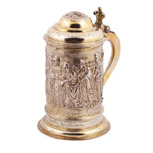 A rare Russian silver-gilt lidded mug with a chased panoramic view: A rare Russian silver-gilt lidded mug with a chased panoramic view of Tzar Alexey Mikhailovich Romanov wedding. Moscow, 1789. Weight: 623.4 g. Height: 20.3 cm.