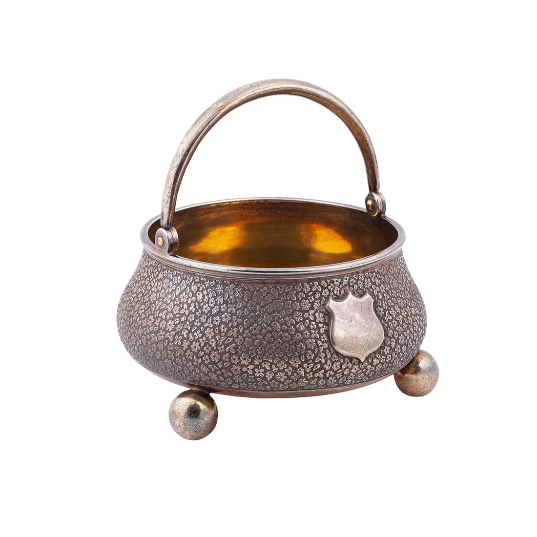 An unusual Russian silver-gilt vase by Gustav Klingert: An unusual Russian silver-gilt vase on the feet with floral decoration. Makers mark of Gustav Klingert. Moscow, 1889. Dimensions: 11,5 (with a handle) x 11 cm. Weight: 196 g.