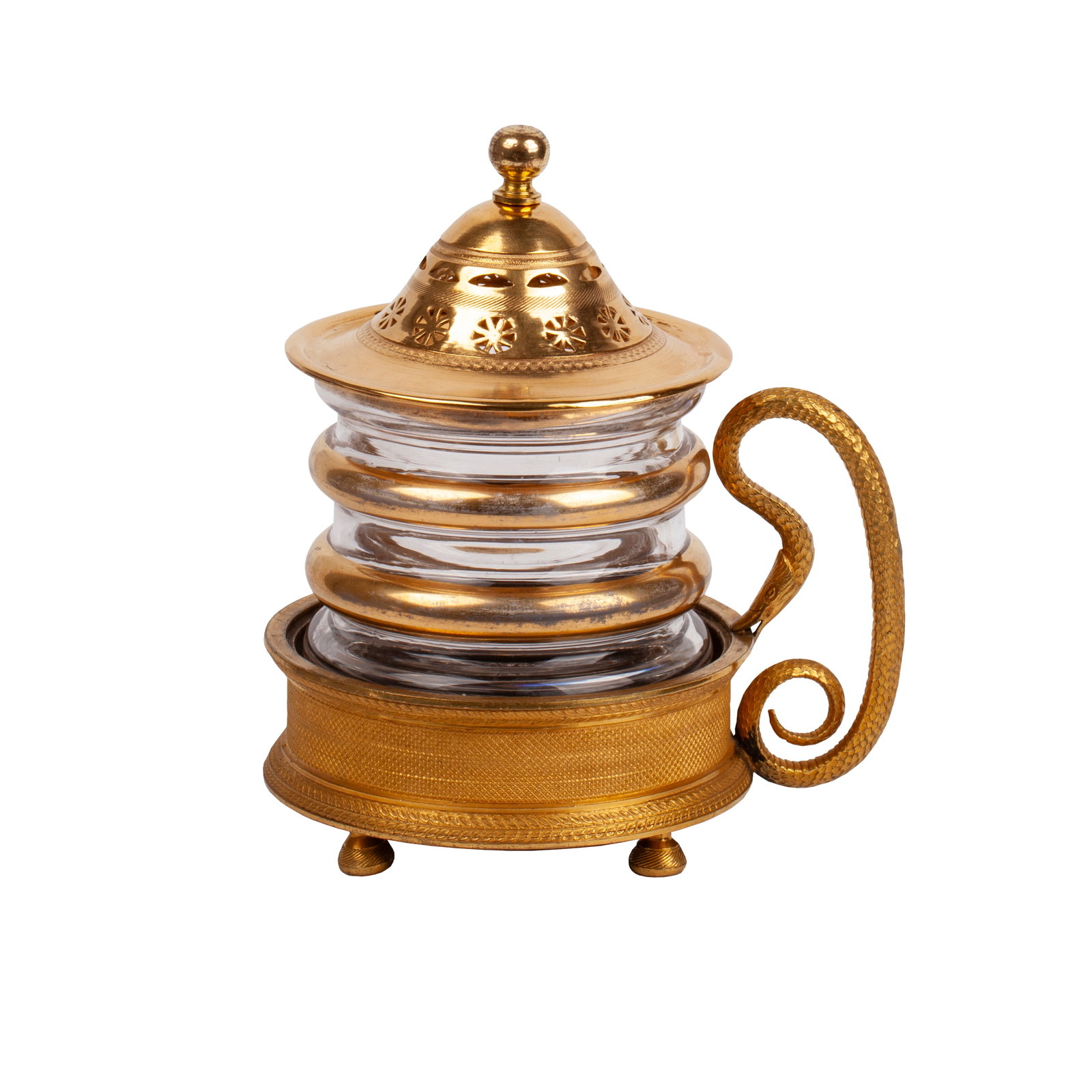 Russian Imperial Glasswork. Empire Period Glass Holder: Russian Imperial glasswork. Empire period glass holder. Brass, cut-crystal glass, gilding.Imperial glass manufactory, 1830s. Dimensions: 16 x 14,5 x 11 cm.A finely crafted Russian glass holder with cu