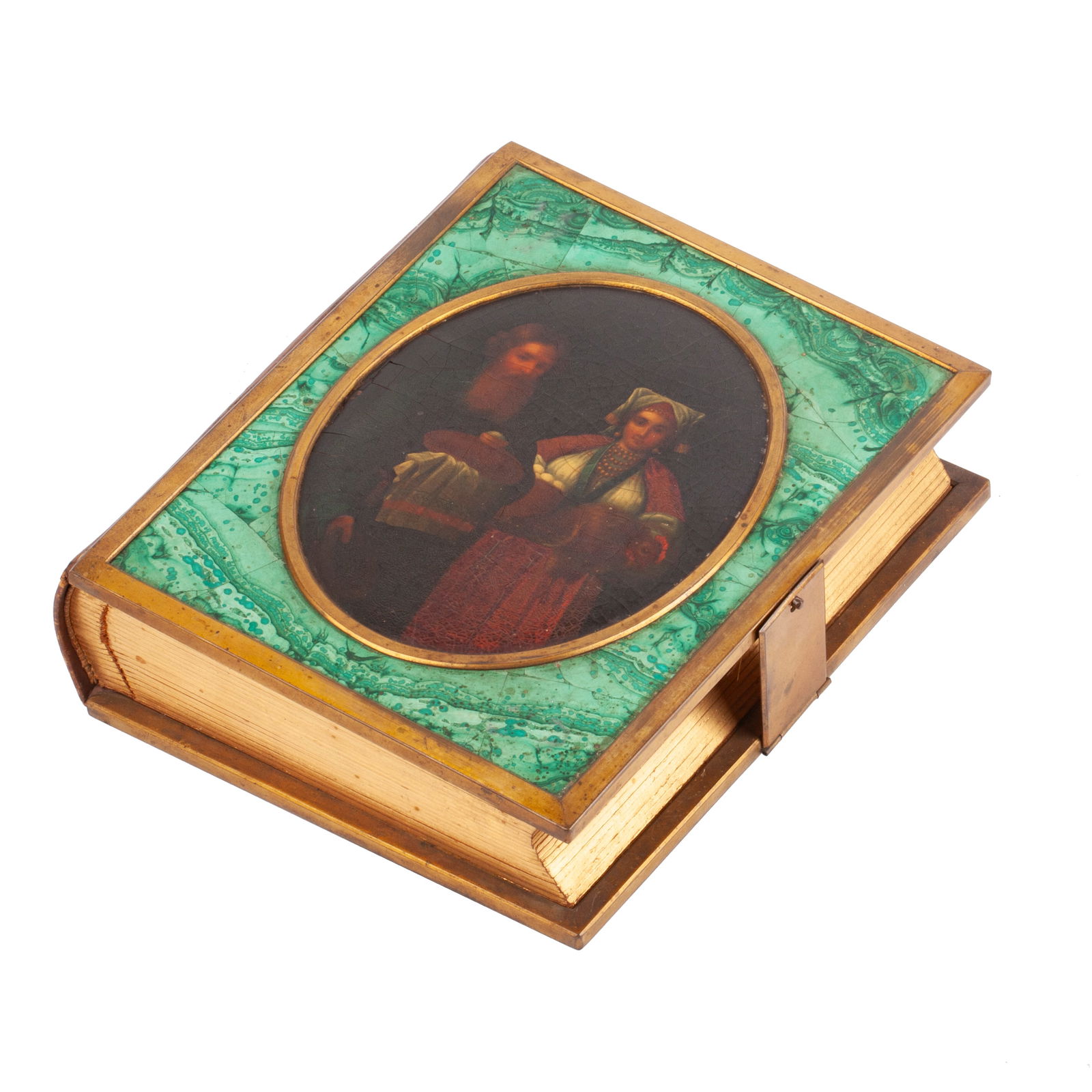 Interesting Russian Fine Lacquer and Malachite Incrustation Cigar Box In The Form of a Book: A Russian Cigar Box with a Russian Lacquer Plaque by Vishnyakov (?) manufactory. Fedoskino (?), second half of the 19th centuryLacquer panel, leather, malachite mounts, gilded metalDimensions: 23 × 2