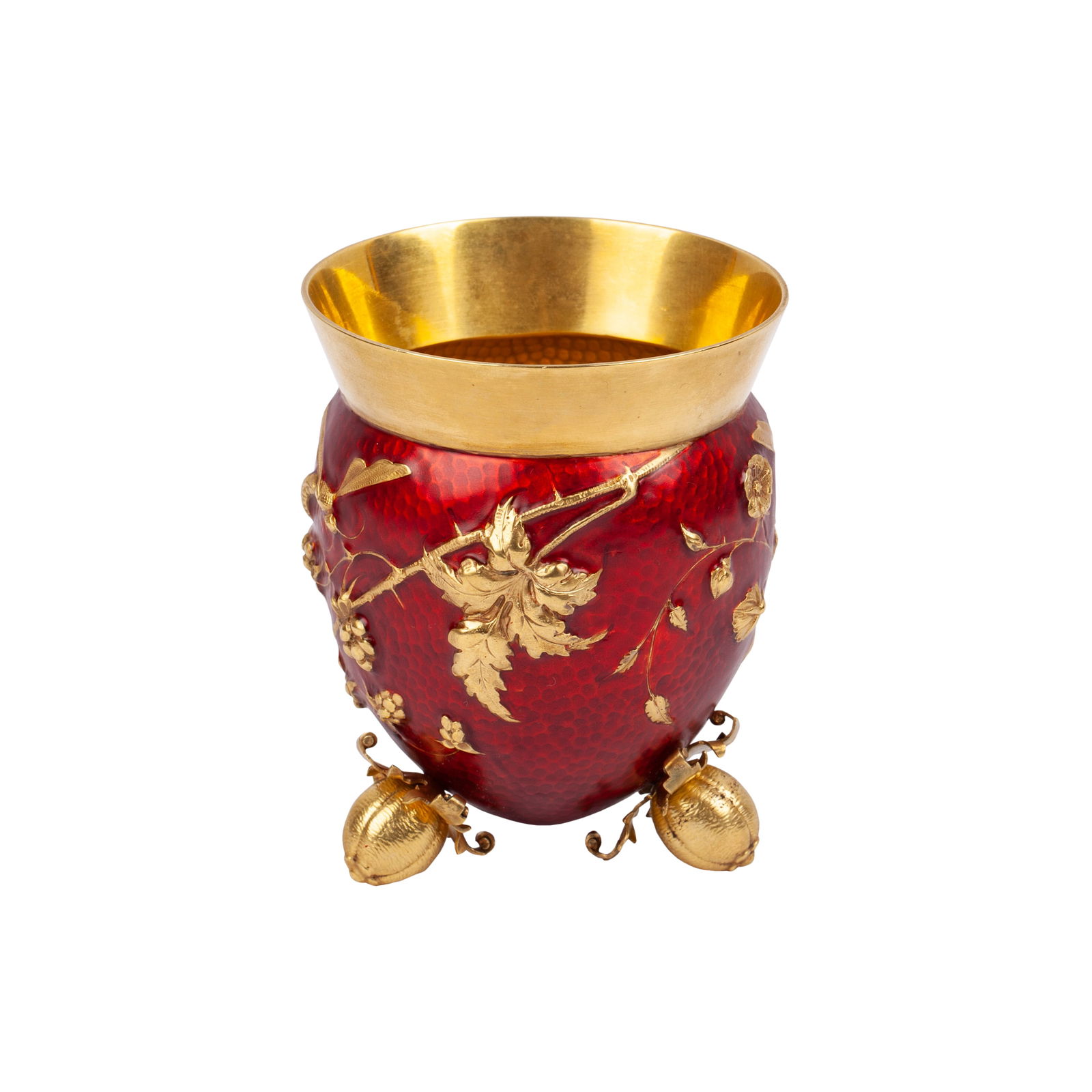 Ovchinnikov, Silver-Gilt and Lacquered Enamel Beaker: An unusual Russian silver-gilt and lacquered enamel beaker, the rounded body decorated with translucent red lacuqer over a chasing ground, applied with gilt vine and leaf ornament, and raised on acorn