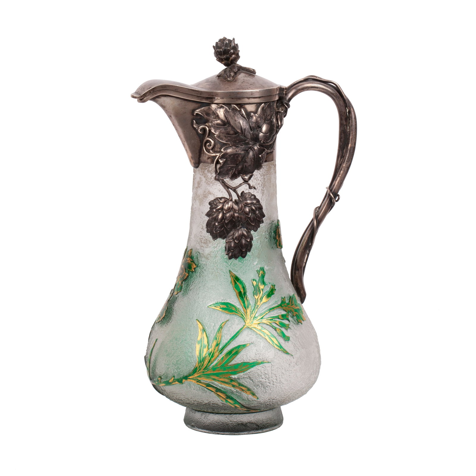 Russian Art-Noveau Style Wine Decanter: Russian Art-noveau style wine DecanterSilver, parcel-gilt, chasing, coloured glass. ?Makers mark of «Daum, Nancy» on the glass and Russian hallmarks with makers mark «CL» on the silver mount. Pete