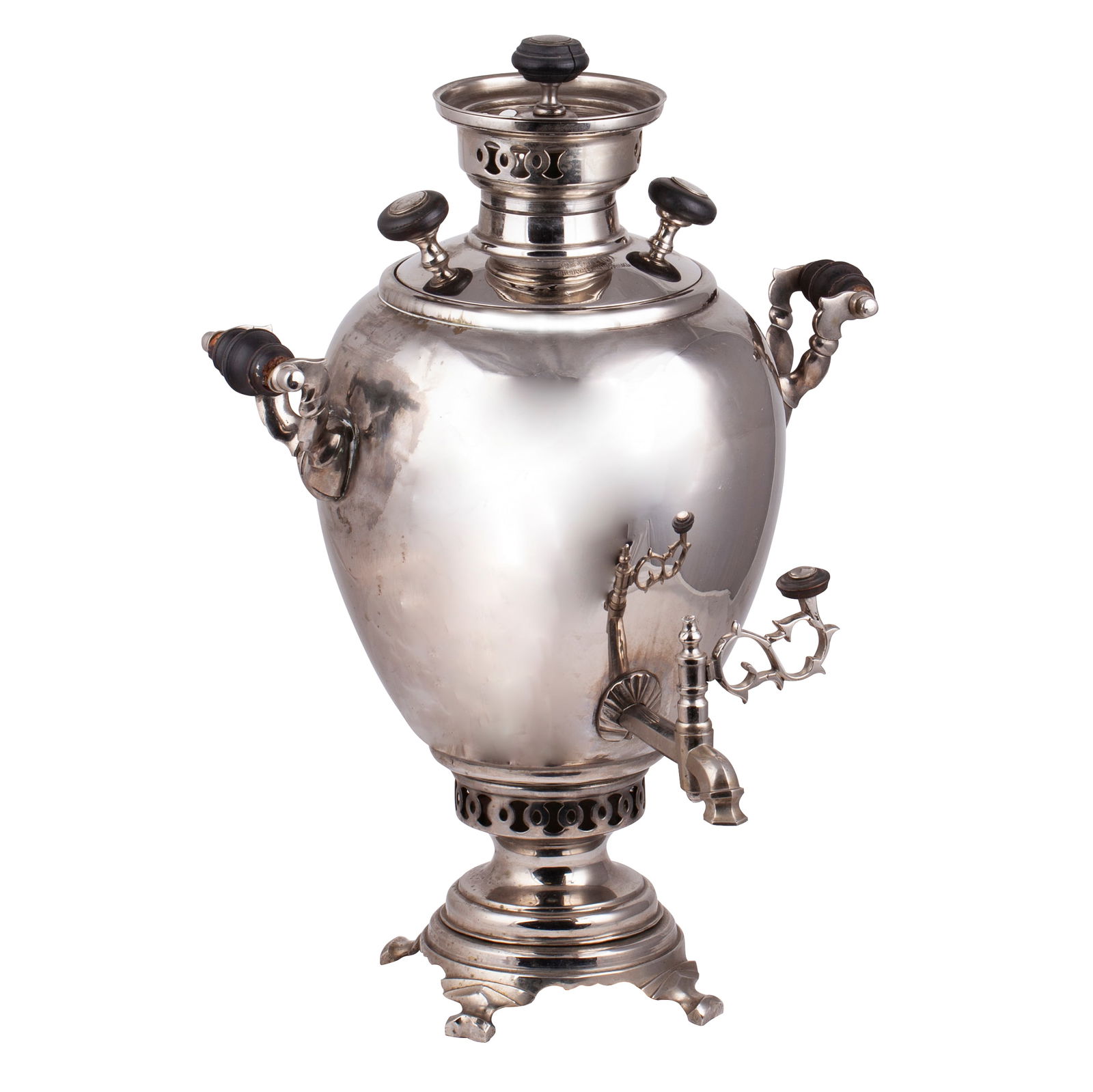 Russian Silver-Plated Brass Samovar in the Shape of an Egg: Samovar in the Shape of an EggShemarin Brothers’ Manufactory, Tula, 1880sSilver-plated brass, woodHeight: 45 cm (including the chimney cap)This silver-plated brass samovar, crafted in the form of an