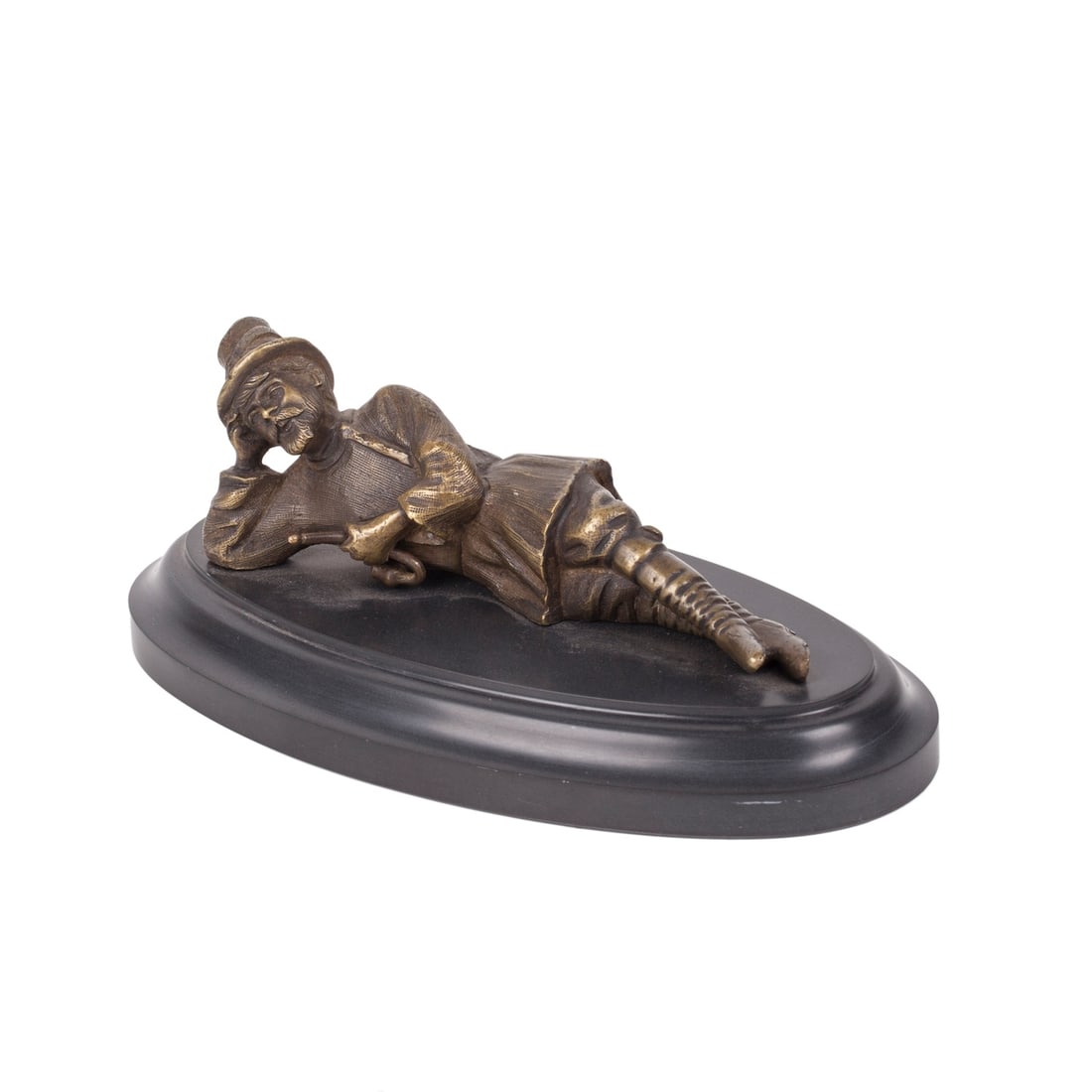 Evgeny Lanceray. Russian Bronze Composition "Relaxing Shepherd": Evgeny Lanceray. Relaxing ShepherdBronze and marble. Dimensions: 6 x 17.5 x 8.7 cm.Russia, late 19th centuryThis small bronze sculpture shows a shepherd reclining at ease, his head resting on one hand