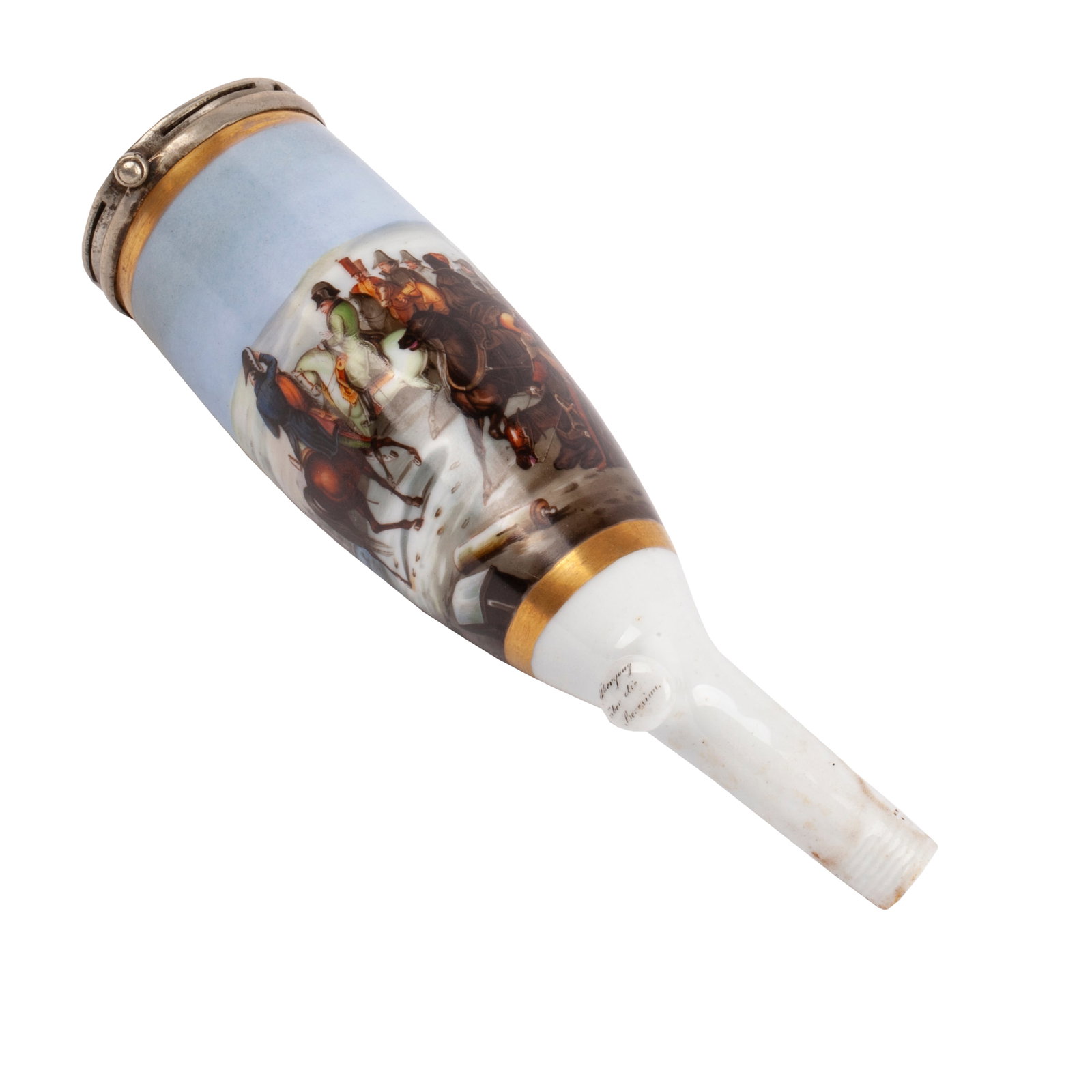 Porcelain Tobacco Pipe, The Bowl Finely Painted with a Miniature Scene of the Battle of Berezina: A porcelain tobacco pipe, the bowl finely painted with a miniature scene of the Battle of Berezina (1812) between Napoleon's retreating army and Russian forces. The decoration is heightened with gildi