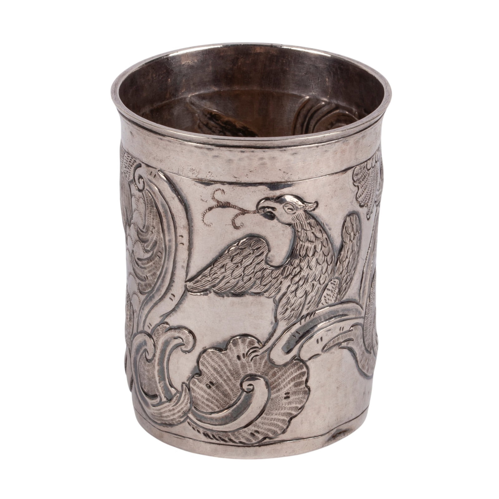 Russian Silver Stopka (Charka), Kostroma, Russia, 1769-1813, 18th-Early 19th Century: Russian silver stopa / charka, Kostroma, 1769-1813, 18th-early 19th century. Of tapering cylindrical form, finely engraved and chased with bold scrolling ornament and cartouches enclosing stylized bir