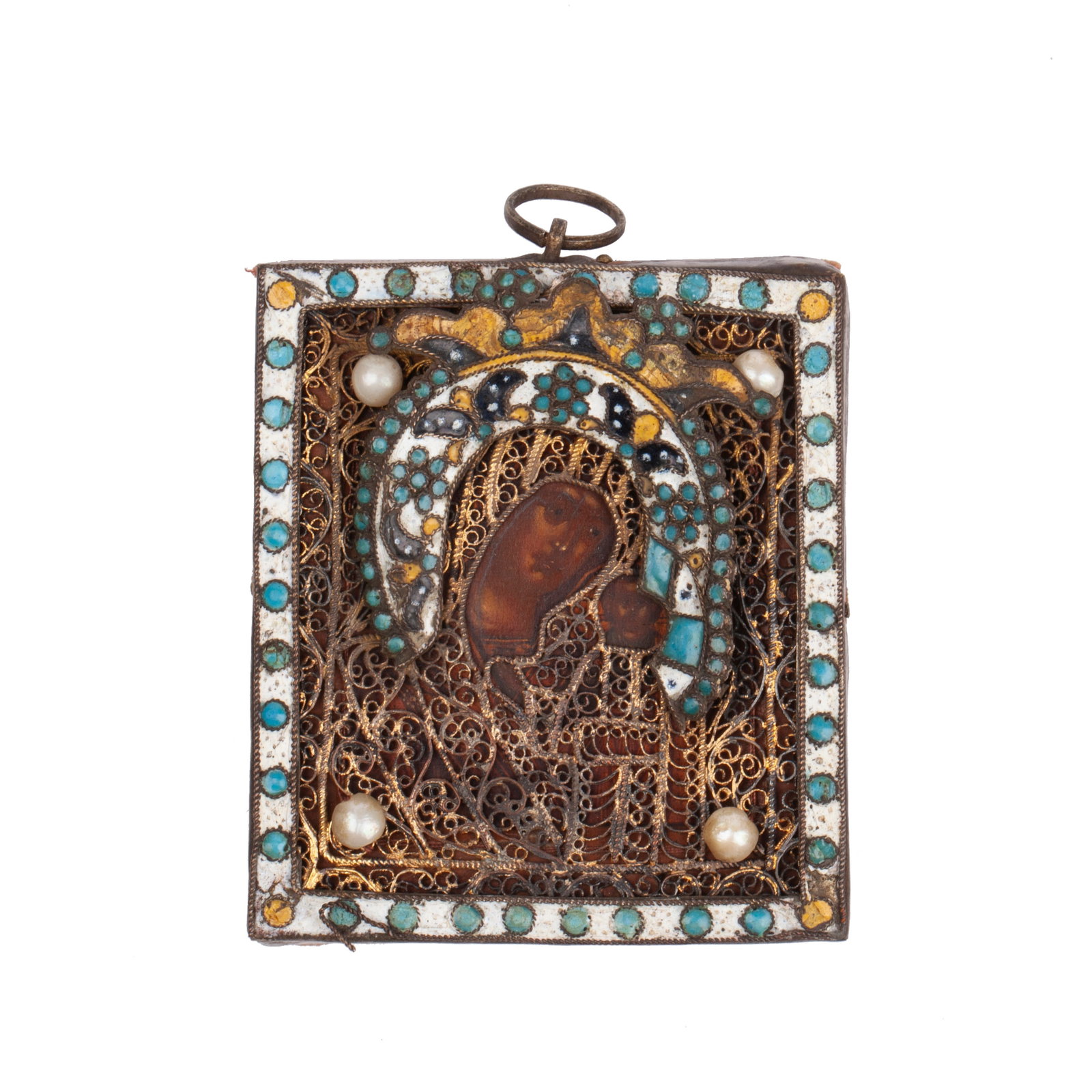 Icon "Mother of God of Kazan" Solvychegodsk (Usolye): Icon "Mother of God of Kazan"Solvychegodsk (Usolye), Northern Russia, 18th century (?).Wood, tempera, enamel, silver filigree, pearls.Dimensions: 8 x 7 cmThis small icon of the Mother of God of Kazan 