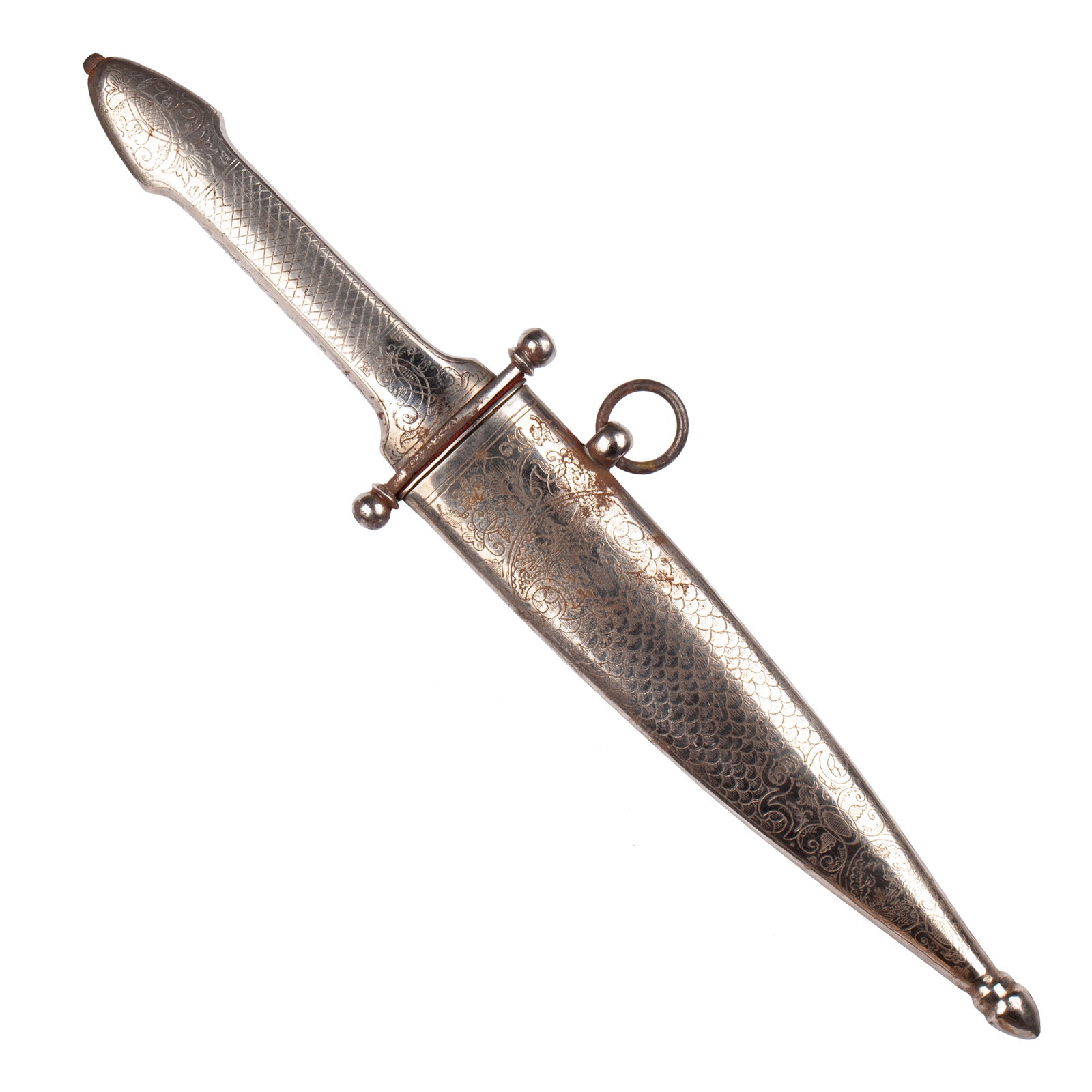 Rare Russian Hunting Knife Zlatoust Decorated with Engravings, late 19th century: A fine Russian hunting dagger of a non-regulation pattern, dating from the late 19th century.The single-edged blade features a central fuller and remains decorated with etched floral and geometric orn