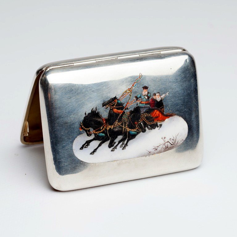Russian silver and enamel cigarette case.: Cigarette case "Winter troika". Silver, enamel, gilding. Workshop of P.Ovchinnikow. Moscow, before 1898. Size 9 X 7 cm