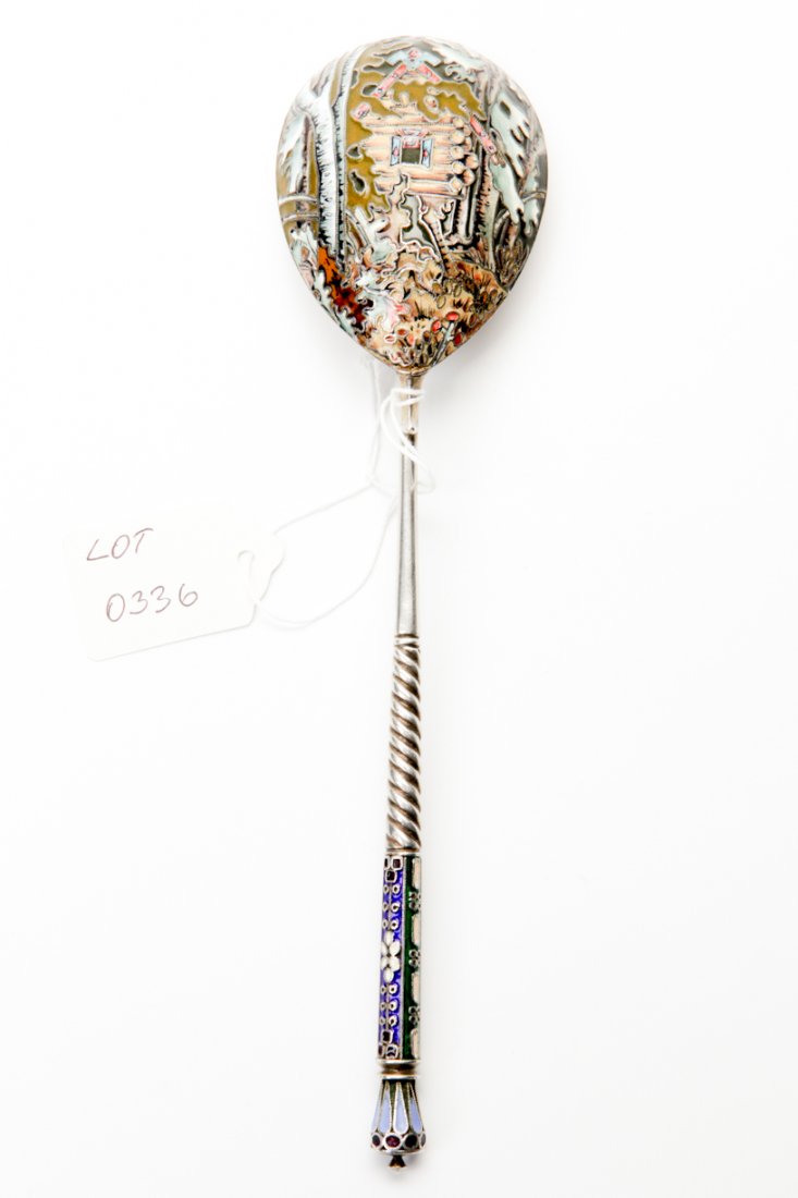 Russian silver and enamel spoon.: Jam spoon "Izba". Silver, gilding, enamel. Fedor Rukert workshop. Moscow, 1908-1917. Size: 20,5 cm.