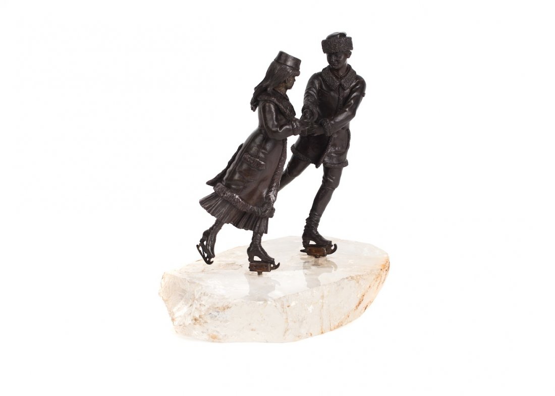 Very rare russian bronze "Ice Skating".: Very rare russian bronze "Ice Skating". One from the series of decorative compositions made by the combination of bronze and quartz. Produced on the K.F. Woerffel factory based on the V. Grachev model