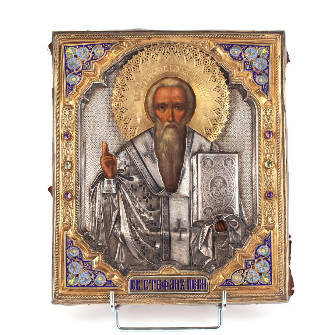 Rare Russian icon of Saint Stepahan of Perm. Moscow,: Rare Russian icon of Saint Stepahan of Perm. Icon - wood, mixed technique. Stamped by L.I. Parilov known as a famous Palekh icon painter. Riza - Silver, gilding, chaising, engraving, enamel, niello sa