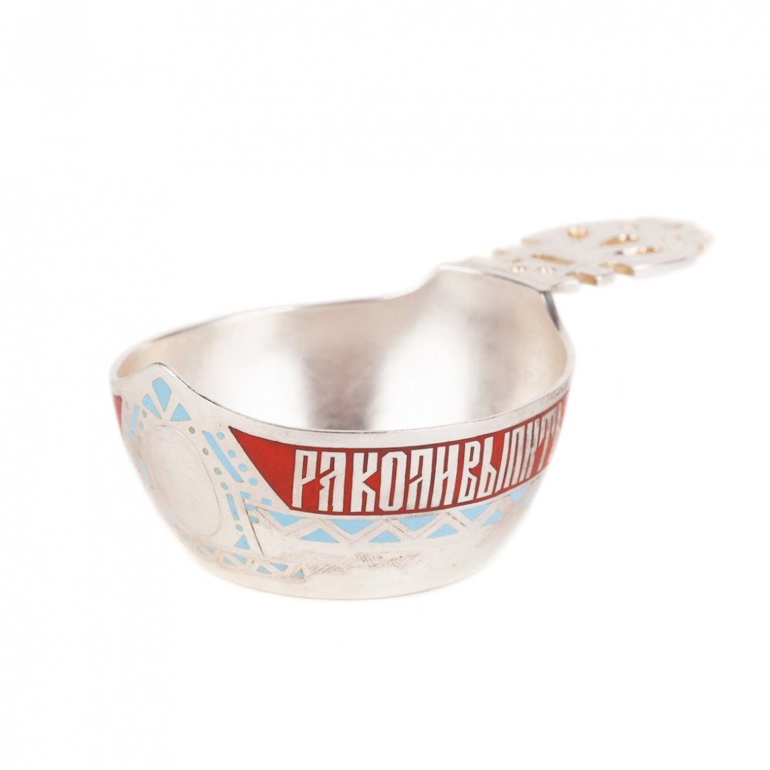 Small kovsh with proverb. A. Lubavin manufactory.: Small kovsh with proverb. Silver, enamel, gilding. A. Lubavin manufactory. Petersburg, 1877. Dimensions: 9 X 3 X 5 cm. Weight: 43.7 gr.