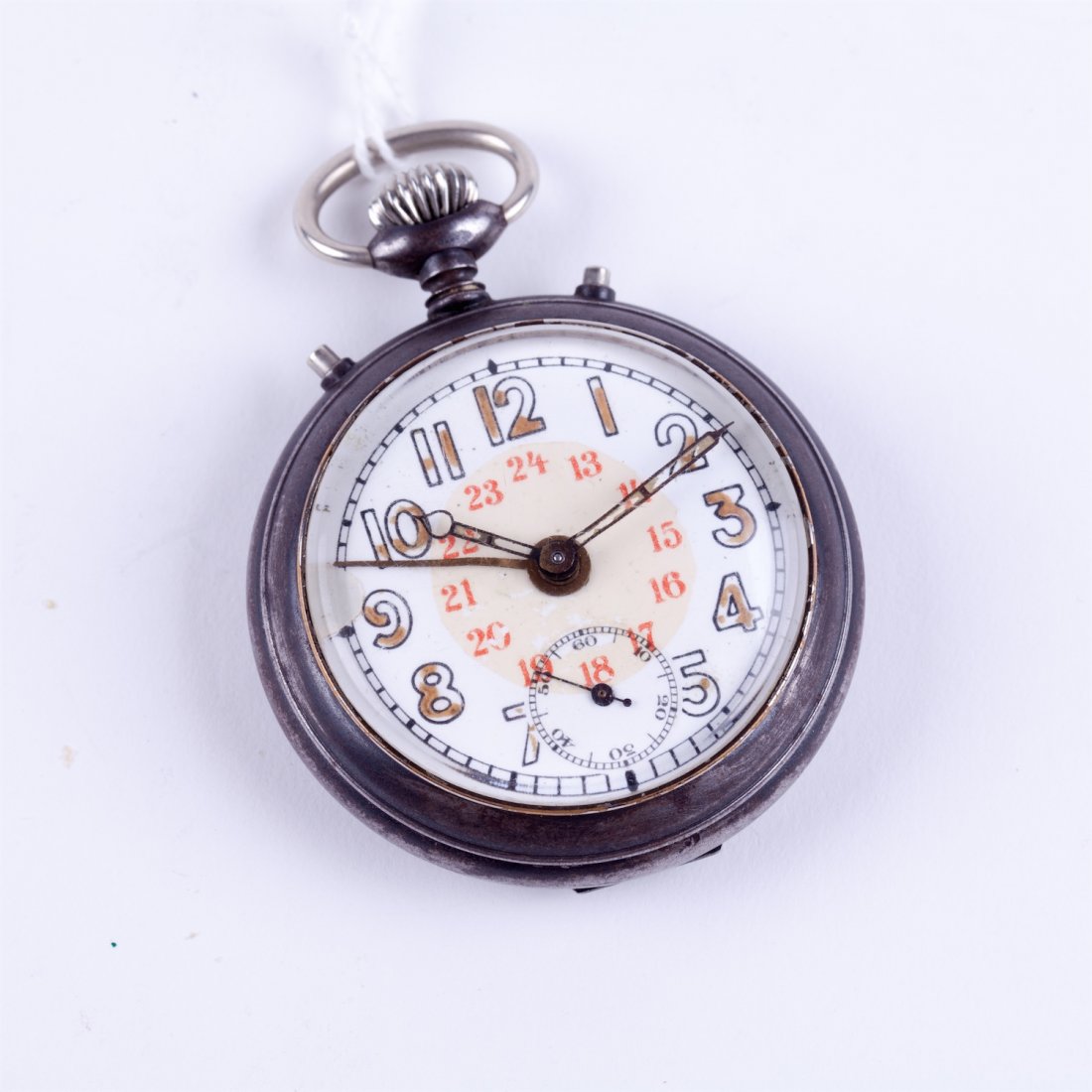 Pocket watch witch alarm in gunmetal case.: Pocket watch witch alarm in gunmetal case. Enamel dial. Arabic numerals, luminous hands, alarm scale, luminous hands. Half plate movement, frosted,gilt, polished steel parts, 2 barrels, comp.balance. 