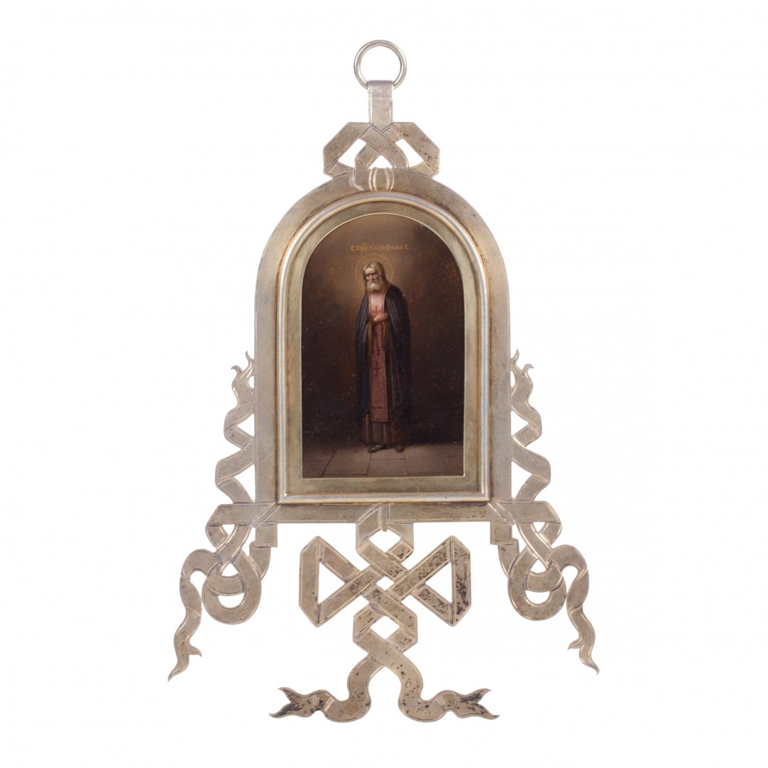 Russian icon of Saint Serafim of Sarov. Grachev: Russian icon of Saint Serafim of Sarov. Painting on metal, silver, gilding, engraving.Grachev Brothers factory. Petersburg, 1908-1917. Dimensions: 29 X 18 Ñm.