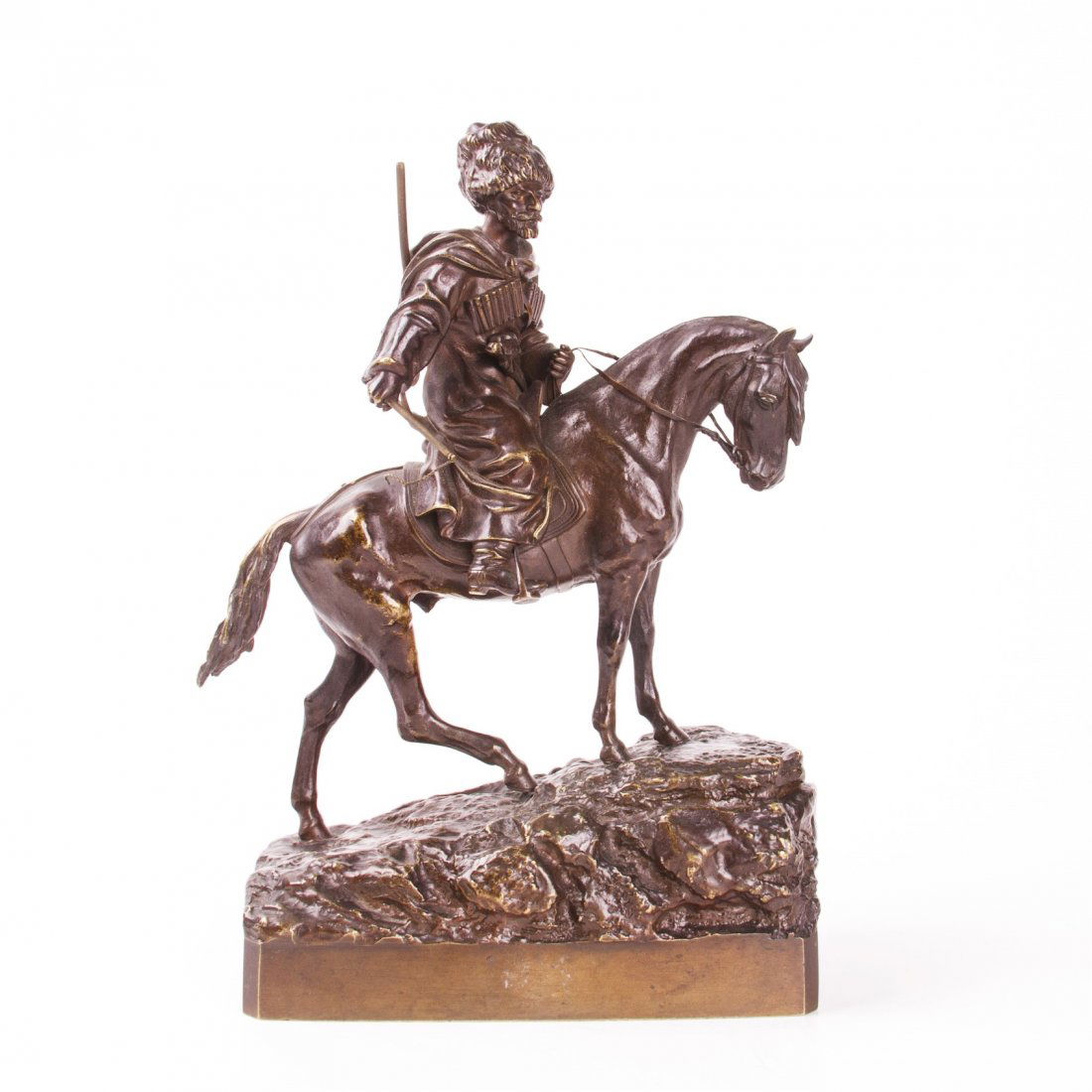 "Horseback Circassian with whip" bronze figure by: Russian bronze figure "Horseback Circassian with whip". Sculptor V. Grachev, produced on the K. Woerfell factory. The end of the 19th century. Dimensions: 24 x 16 x 8 cm.