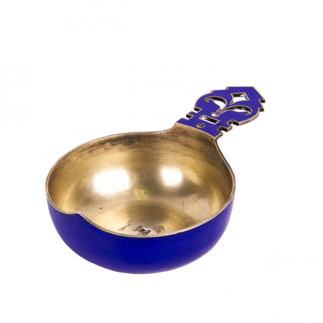 Small silver-gilt dark blue enamel kovsh: Small kovsh. Silver, gilding, dark blue enamel. Maker's mark of Alexander Petrov who worked also on Faberge. Grachev workshop.Petersburg, before 1898. Dimensions: 10 x 6.5 x 2 Ñm. Weight : 76.5 g. Se