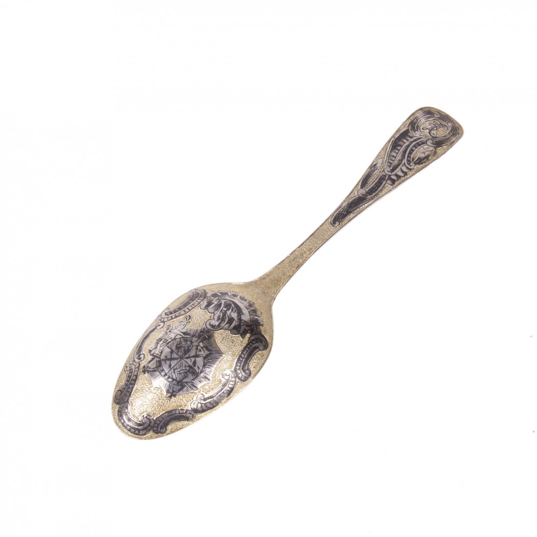 Russian decorative silver-gilt and niello spoon: Russian decorative silver-gilt and niello spoon. Tobolsk, 1775. Length: 15.5 cm. Weight: 29.3 g.