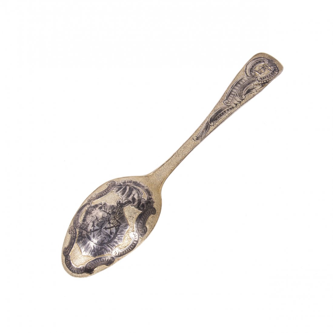 Russian decorative silver-gilt and niello spoon: Russian decorative silver-gilt and niello spoon. Tobolsk, 1775. Length: 15.5 cm. Weight: 31 g.