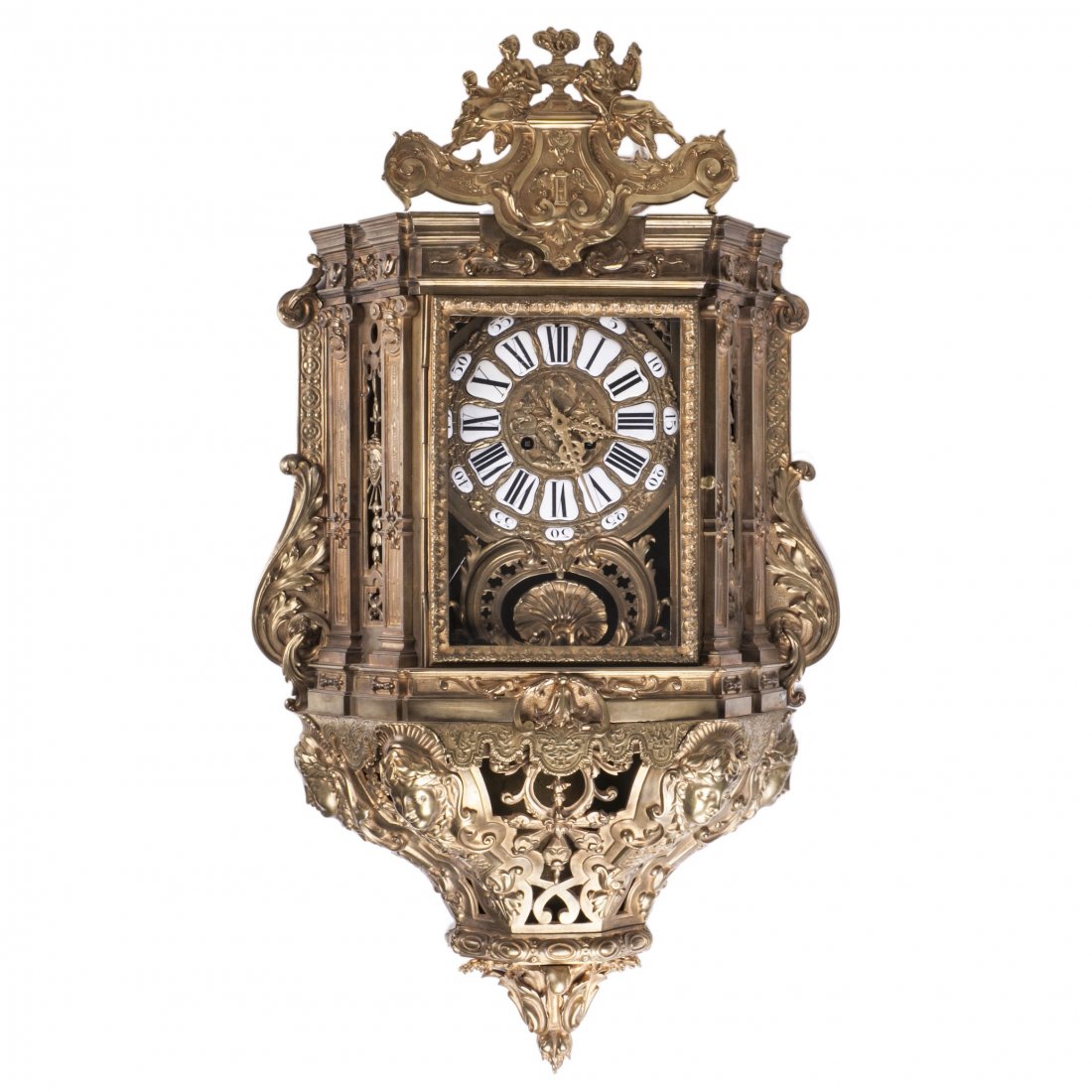 Antique huge beautiful bronze wall clock: Antique huge beautiful bronze wall clock. 19th century. Enamel dial, roman numerals. Dimensions: 50 x 95 cm.