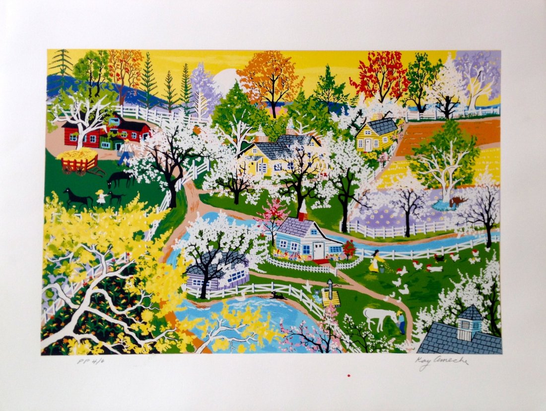 "Apple Blossom Glory" serigraph by Kay Ameche: Hand signed and numbered serigraph made in 1981 that measures 22.75" x 28.5" from an edition of 200. Available is Printer's Proof #4/6 from the series.