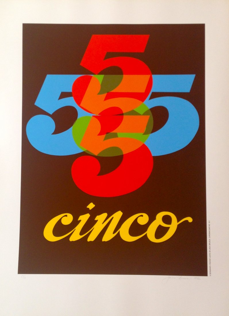 "Cinq" serigraph by Jack Brusca: Hand signed and numbered serigraph from 1973 that measures 38" x 28" from an edition of 100. #87/100 is available.