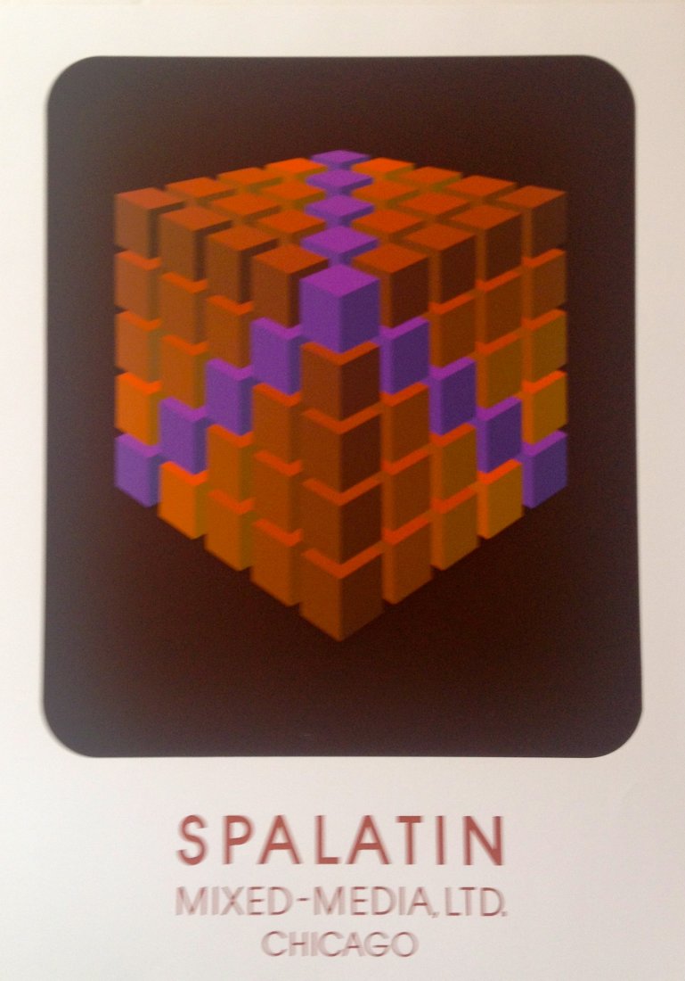 "Cube Cluster IV" serigraph by Marko Spalatin: Unsigned serigraph printed by Mixed-Media, Ltd. Chicago from the early 1970's that measures 38" x 28".