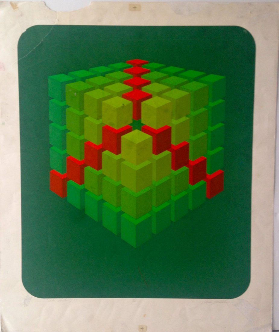 "Cube Cluster I" serigraph no text by Marko Spalatin: Serigraph signed and numbered in pencil from the 1970's that measures 30.75" x 25.5". Edition 8/60 available.