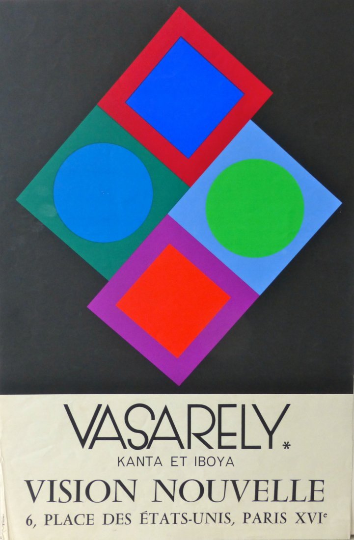 Serigraph by Vasarely for Vision Nouvelle gallery show.: Unsigned vintage serigraph measuring 24" x 16" and published on the occasion of the Kanta et Iboya Paris exhibition of the work of Victor Vasarely, founder of the Op Art movement in Europe, circa 1970