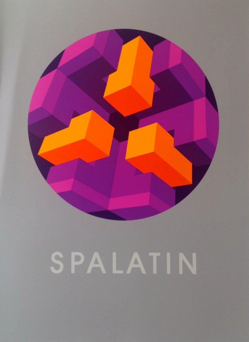 Untitled purple and orange op art serigraph by Marko: Unsigned serigraph circa 1976 with "Spalatin" text at bottom that measures 38" x 28".