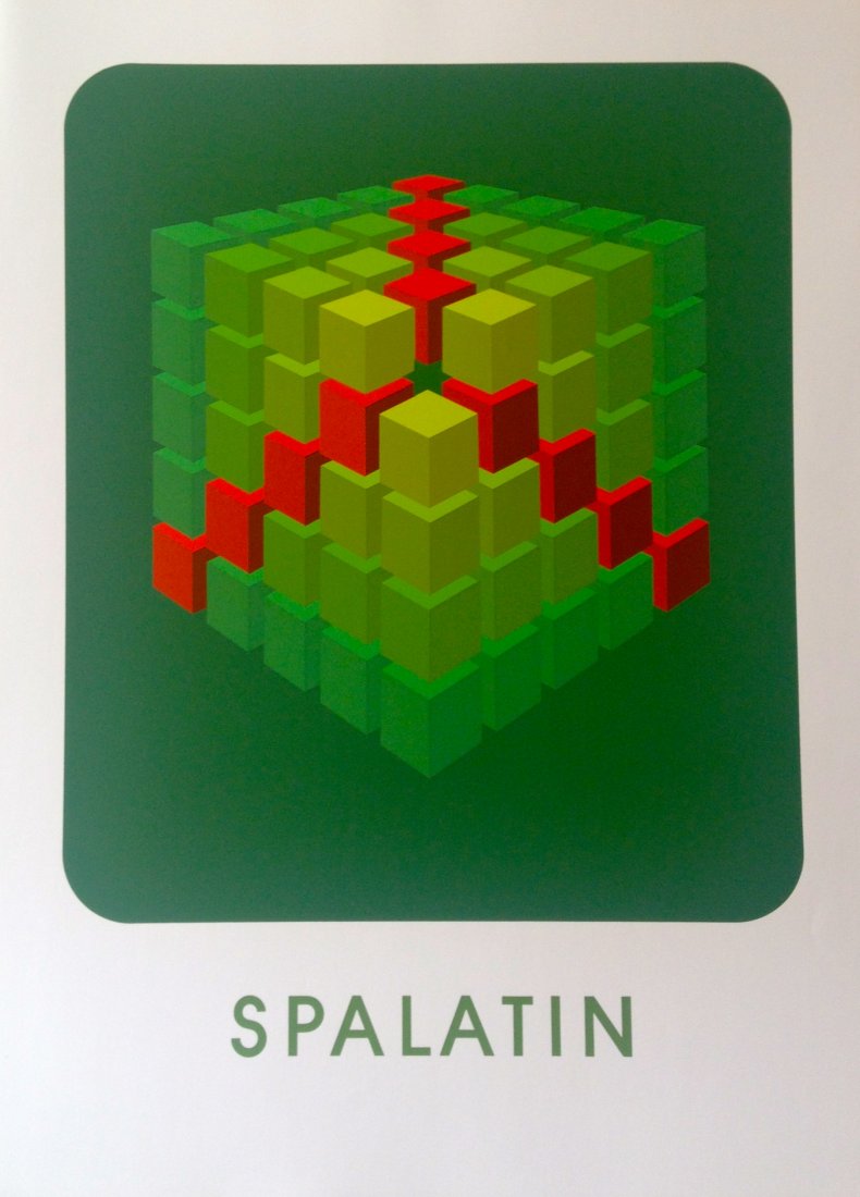"Cube Cluster I" serigraph with text by Marko Spalatin: Unsigned serigraph with "Spalatin" text at bottom from the early 1970's that measures 38" x 28".