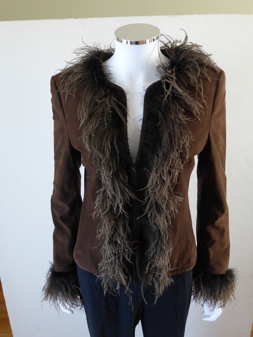 Escada Brown Goat Suede Jacket with Feather Detailing,: Chocolate brown goat suede jacket from Escada's Black Label Collection. Feather trim, front hook closure and Escada logo lining. US size 6/French size 36.