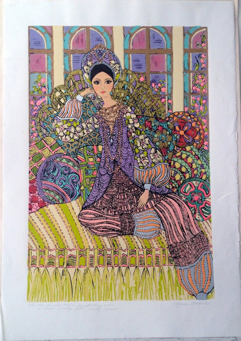 "Persian Girl I" silk screenby Mara Abboud: Silk screen from an edition of 225 measuring 40" x 28". Signed by the artist in pencil and dedicated "For McDonald, Thank you for doing such a super printing job. Sincerely, Mara"