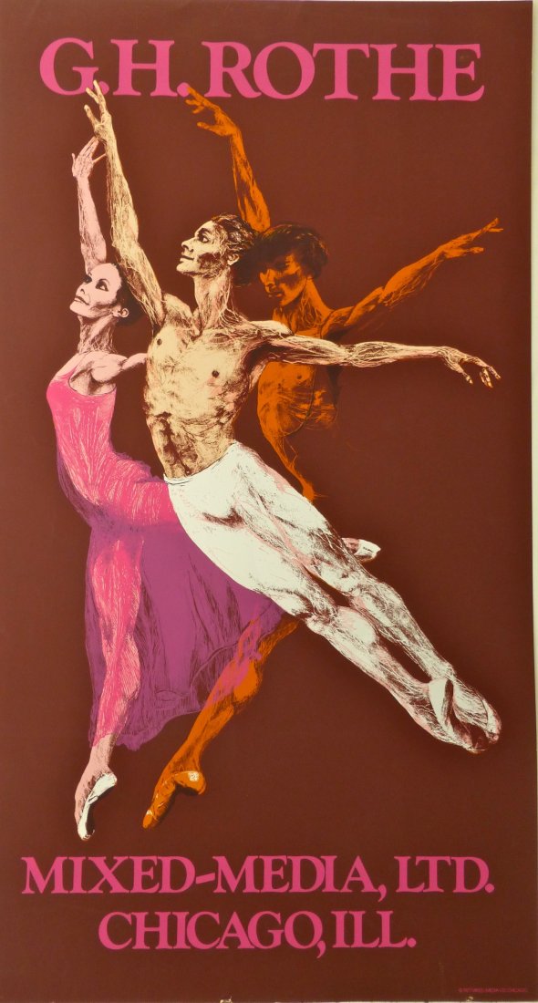 "Dancers" serigraph by G. H. Rothe: Unsigned and unnumbered serigraph from 1977 measuring 44" x 24". Printed by Mixed Media, LTD Chicago.